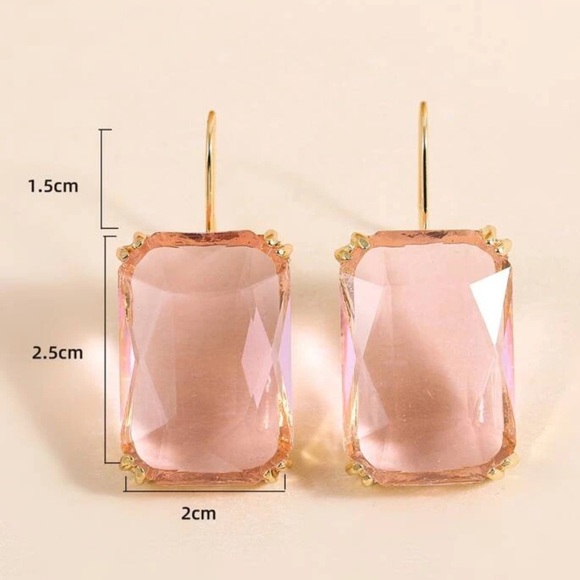 Pink Gemstone Charm Emerald Cut Bohemian Gold tone Earrings - Picture 4 of 5